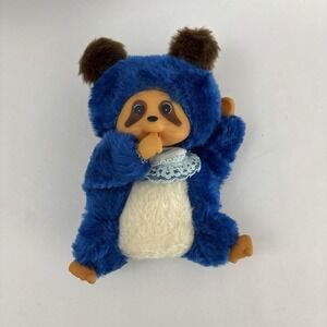RARE Vintage Monchichi Doll Rubber Face Thumb Sucking BLUE Fur Raccoon